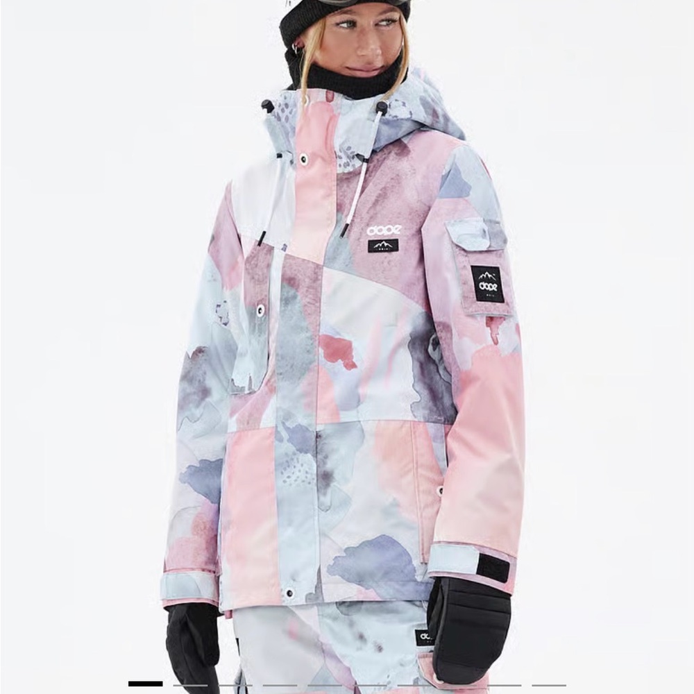 DOPE Pink & Light Blue Patterned Ski Jacket with Hood w/ Light Gray Ski Pants